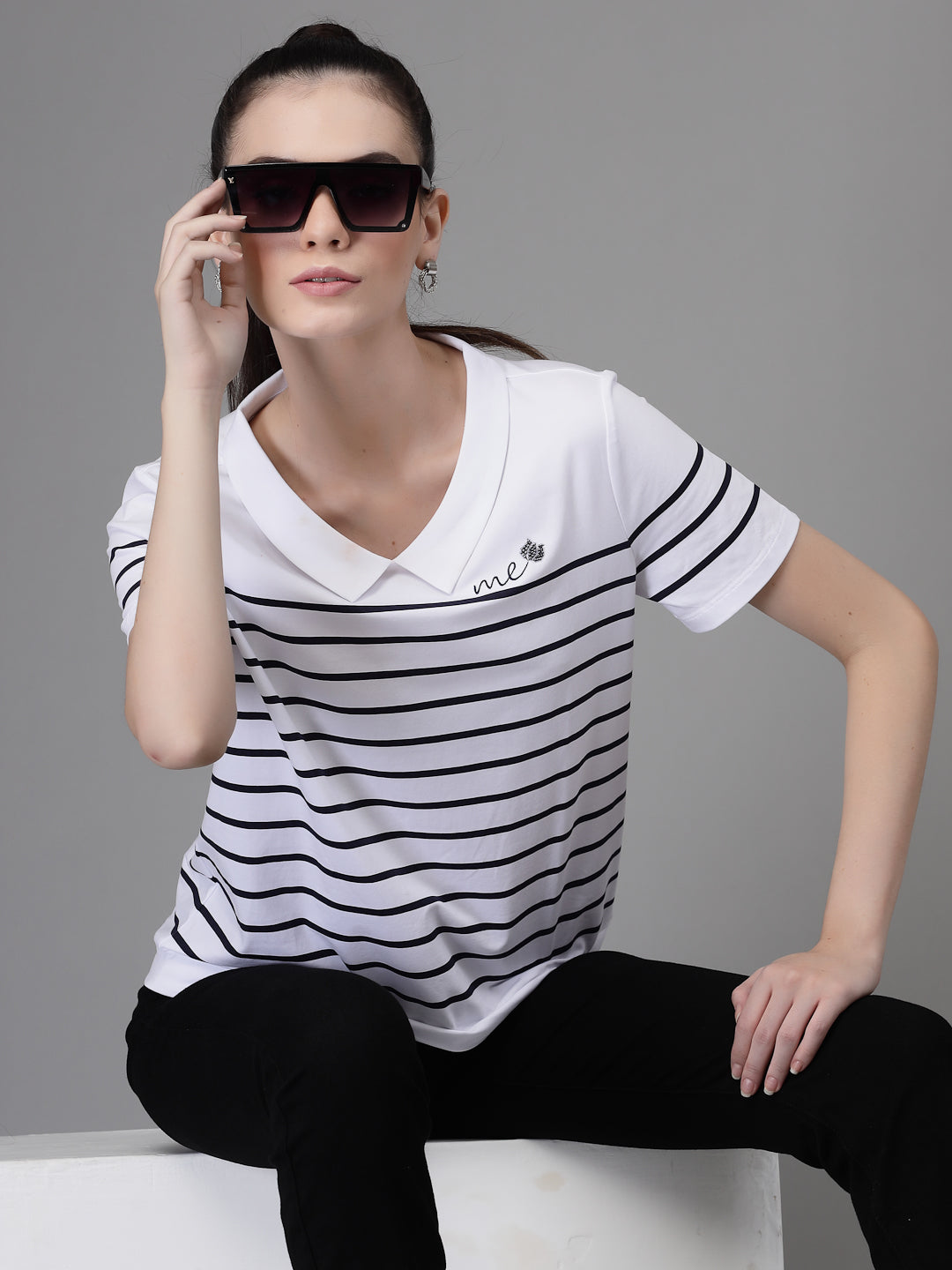 Women Collar Neck Printed White T-Shirt - Global Republic