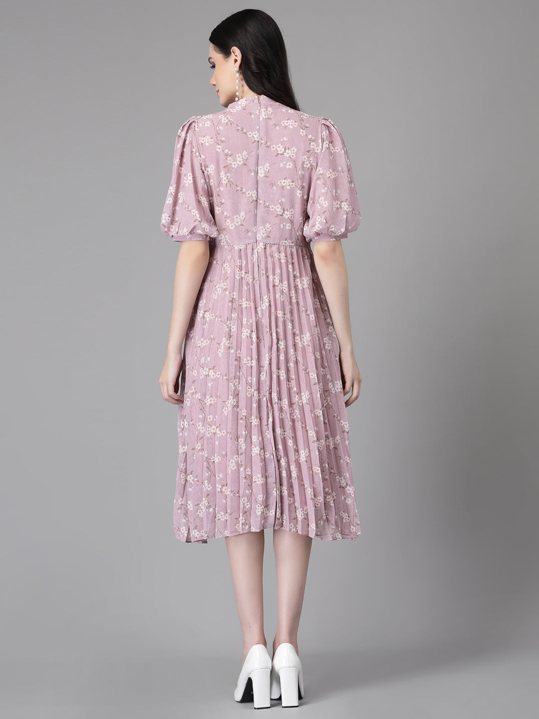 Women Mauve Round Neck Layered Printed Dress - Global Republic