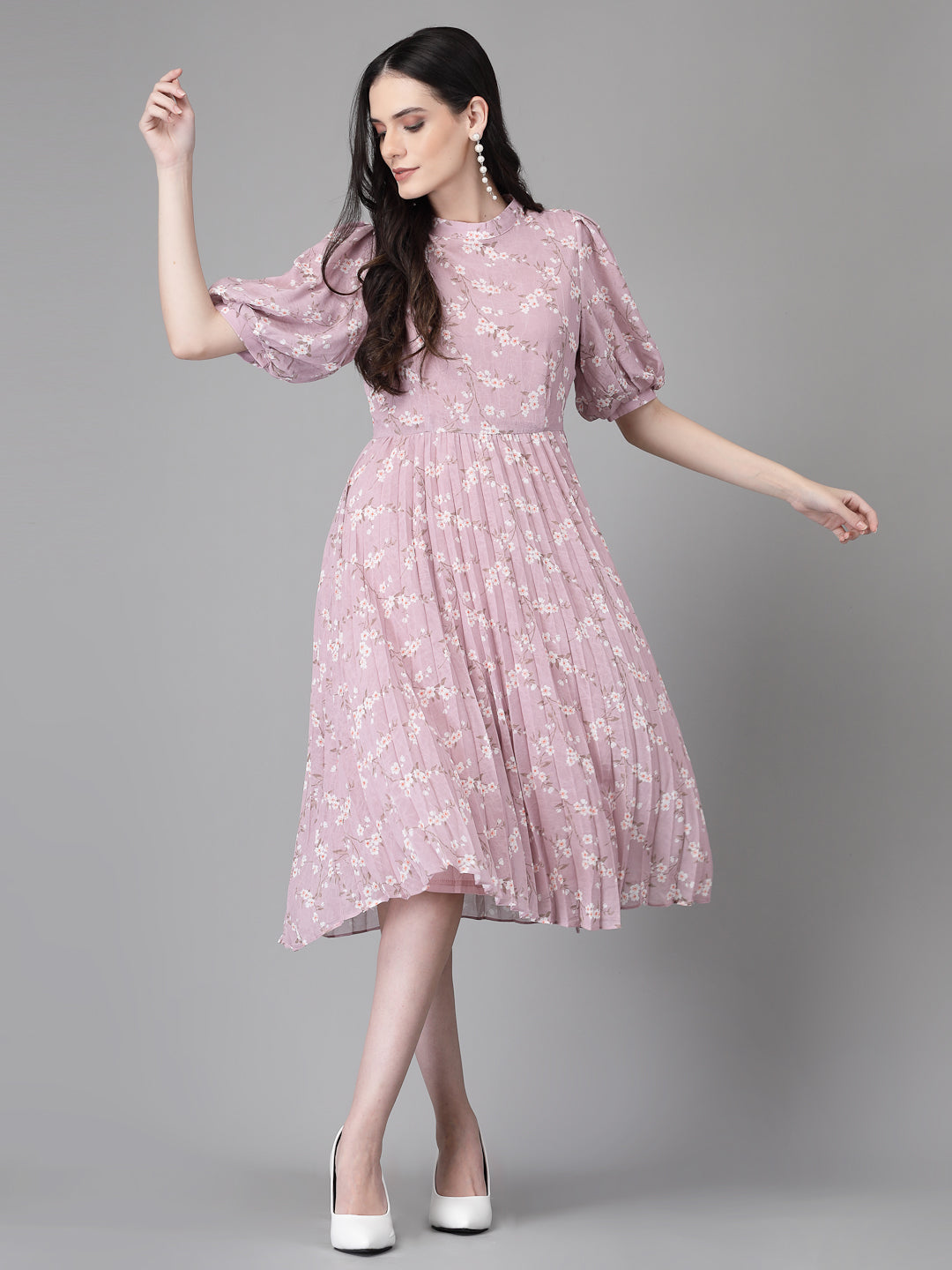 Women Mauve Round Neck Layered Printed Dress - Global Republic