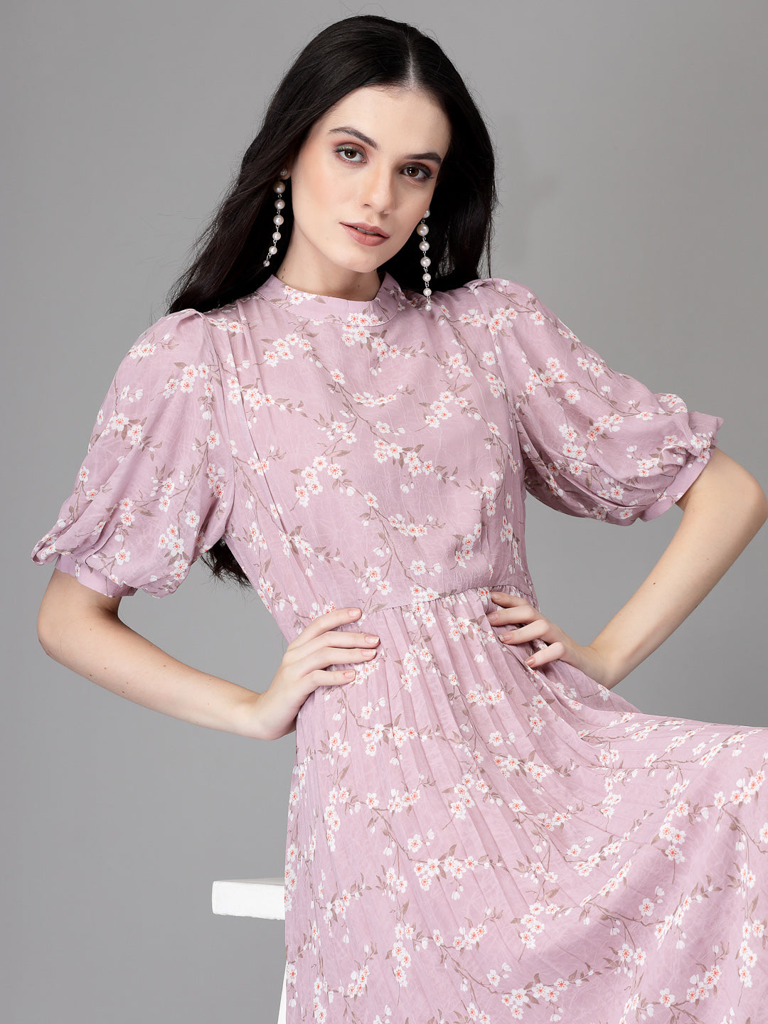 Women Mauve Round Neck Layered Printed Dress - Global Republic