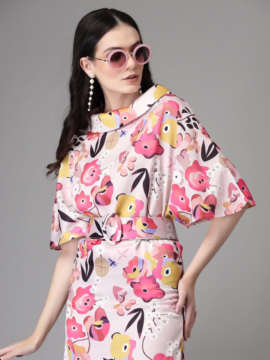 Women Pink Cowl Neck Floral Printed Dress