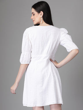 Women White V Neck Embroidered Flared Dress
