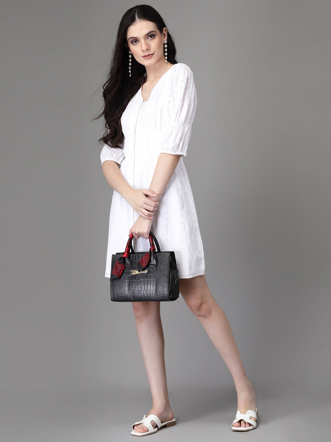 White Embroidered Cotton Flared Dress - Global Republic