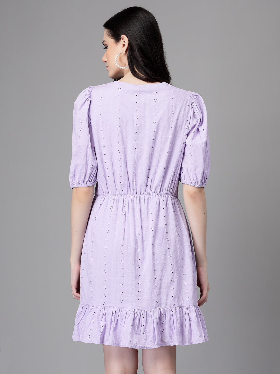 Lilac Embroidered Cotton Flared Dress - Global Republic