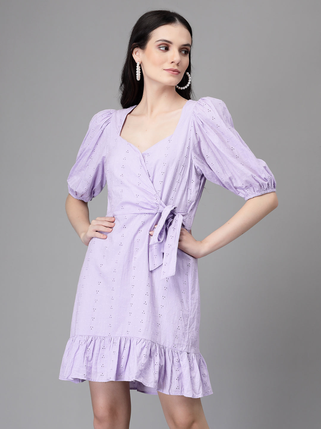 Lilac Embroidered Cotton Flared Dress - Global Republic