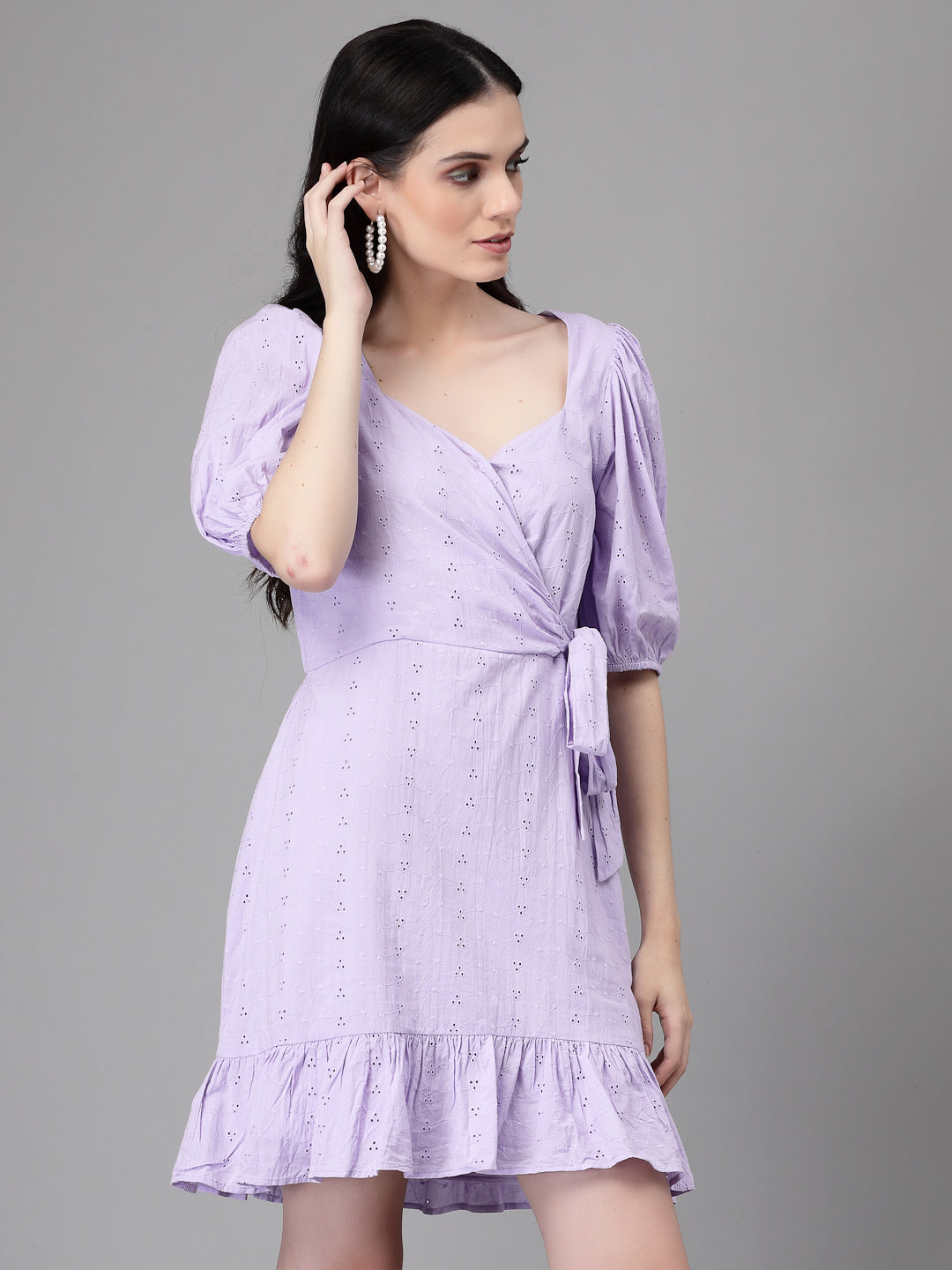 Lilac Embroidered Cotton Flared Dress - Global Republic