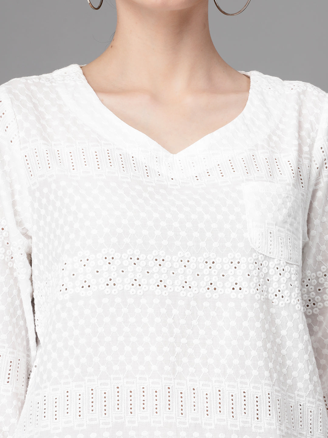 Women Regular-Fit V Neck Schiffli Embroidery Blouson Top - Global Republic