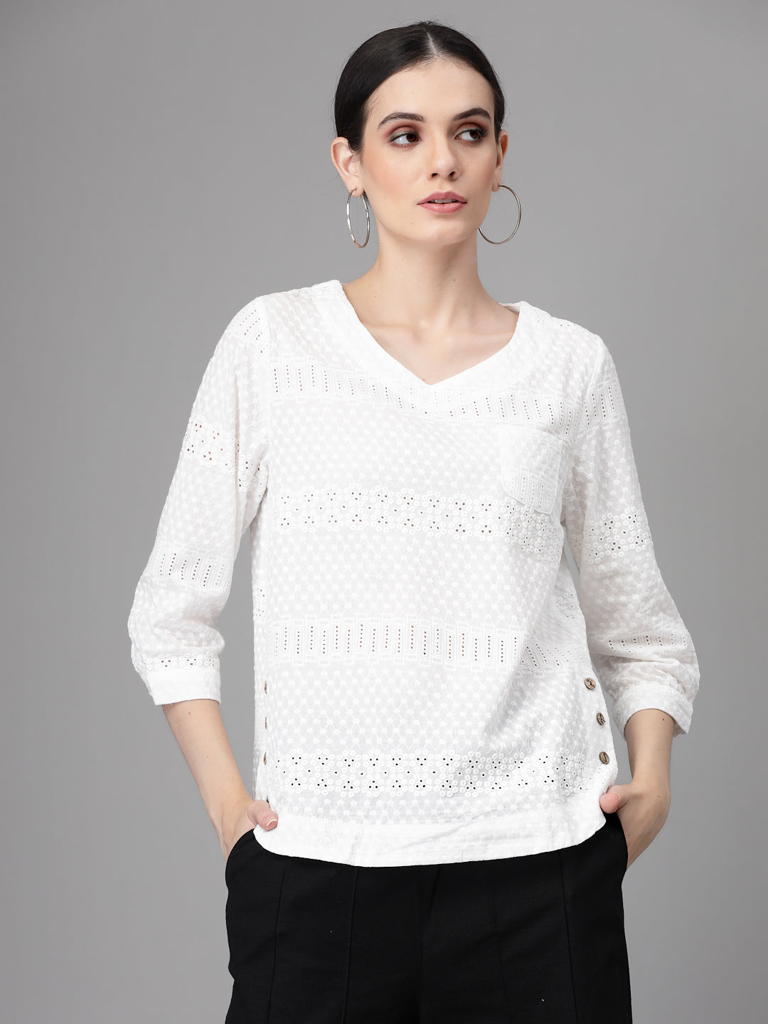 Women Regular-Fit V Neck Schiffli Embroidery Blouson Top - Global Republic