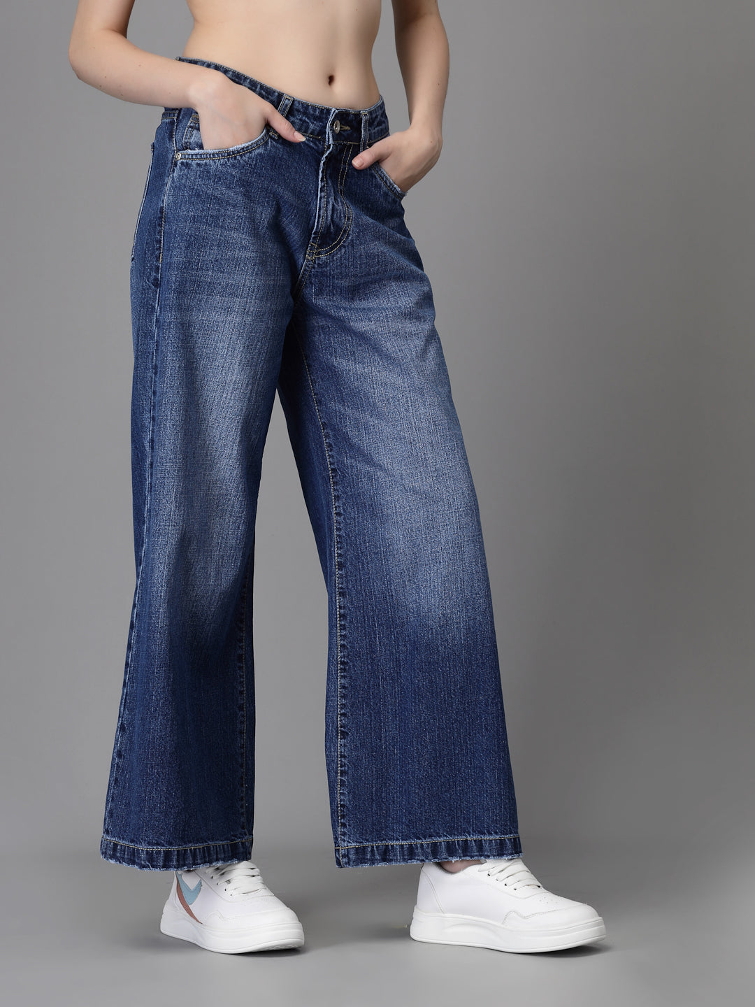 Women Flared Leg Mid Rise Blue Stretchable Jeans