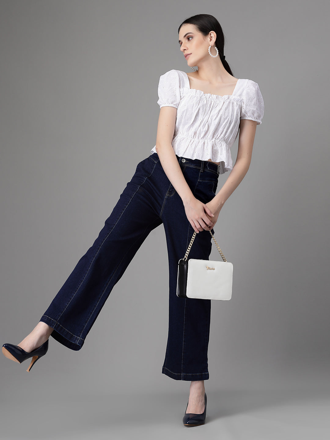 Women Regular Fit Bootcut Style Blue Cotton Blend Stretchable Jeans - Global Republic