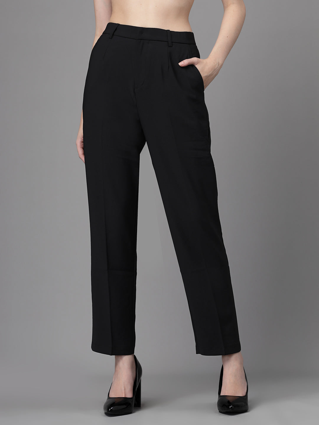 Women Black Mid Rise Solid Trouser - Global Republic