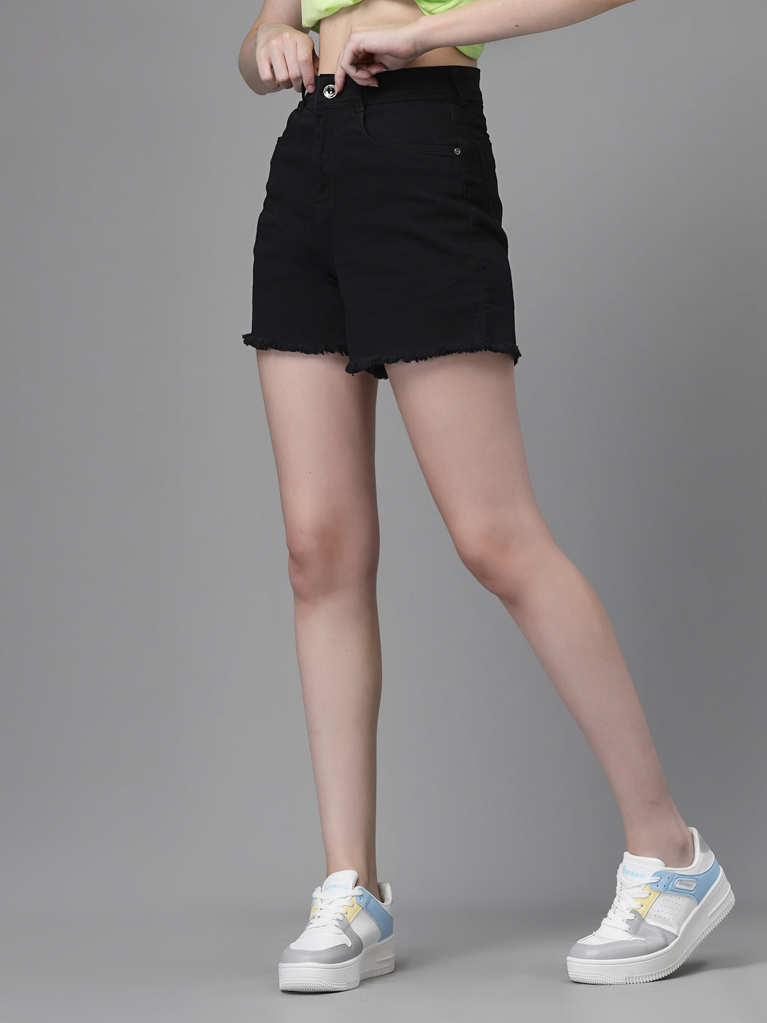 Women Black Cotton Blend Solid High Rise Casual Shorts - Global Republic
