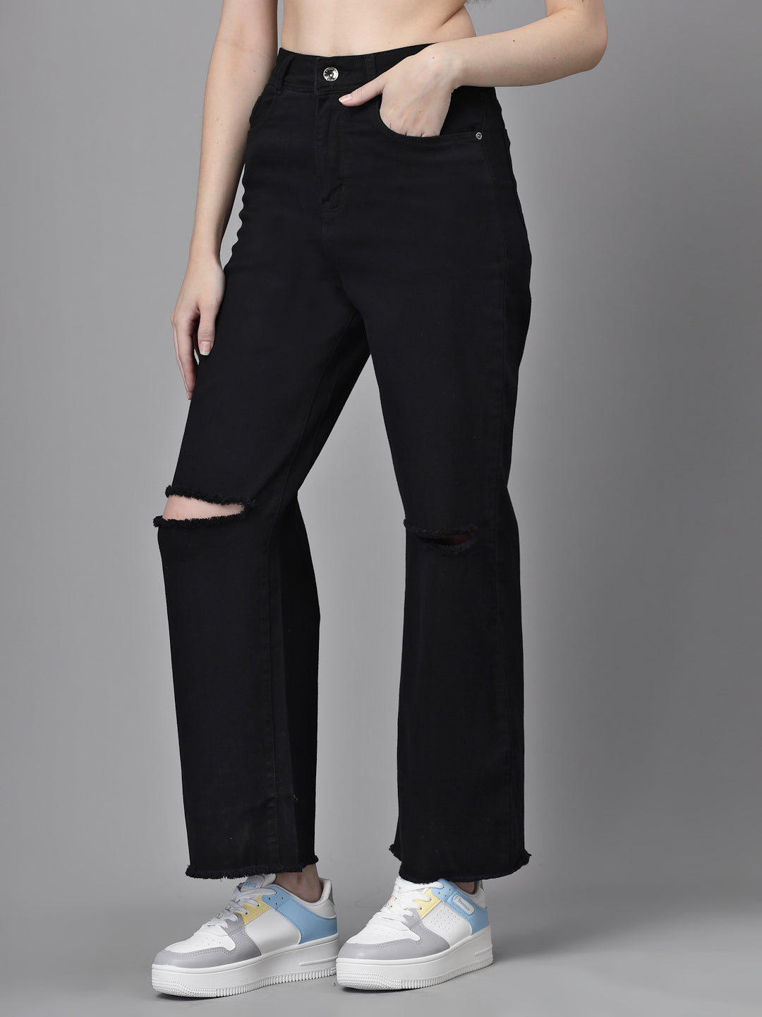 Jet Black Flared Distressed Jeans - Global Republic