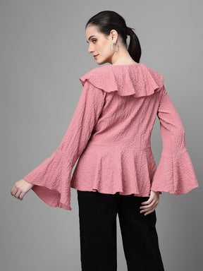 Women Bell Sleeves V Neck A-Line Dusty Pink Blouson Top