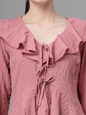 Women Bell Sleeves V Neck A-Line Dusty Pink Blouson Top