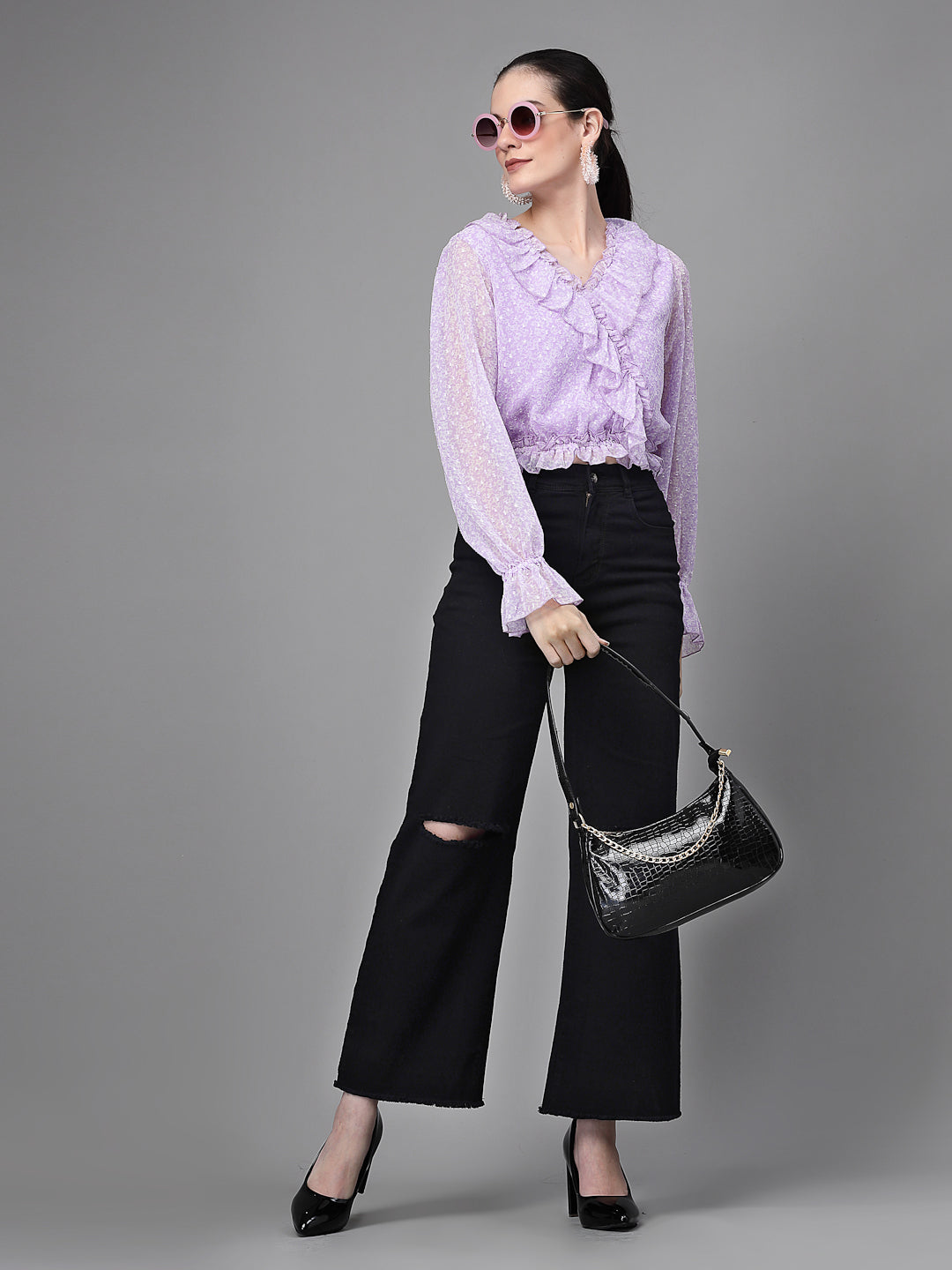 Purple Dobby Printed Crop Top - Global Republic