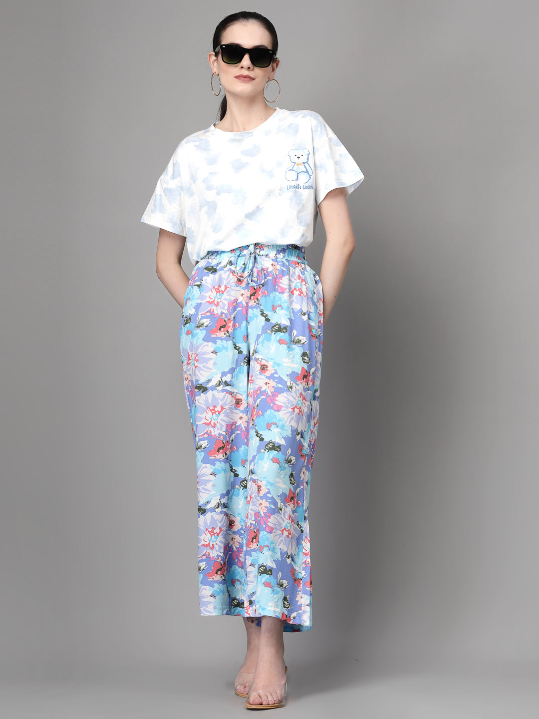 Women Blue Rayon Printed Lower - Global Republic