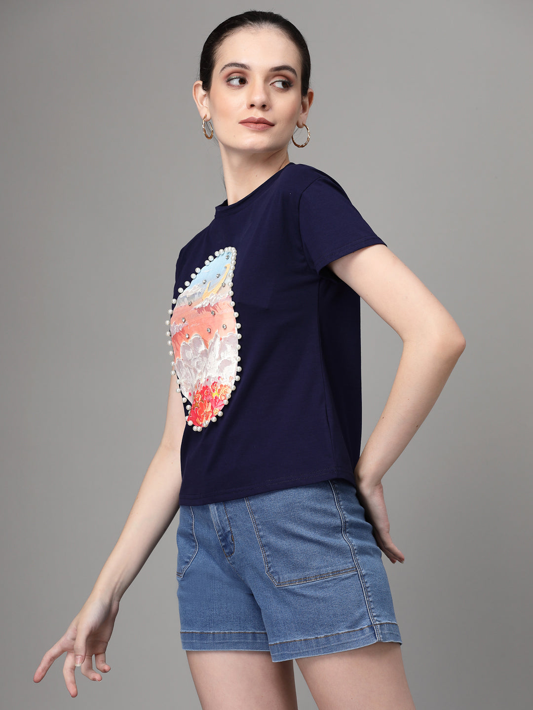 Blue Graphic Print Cotton Blend T-Shirt - Global Republic