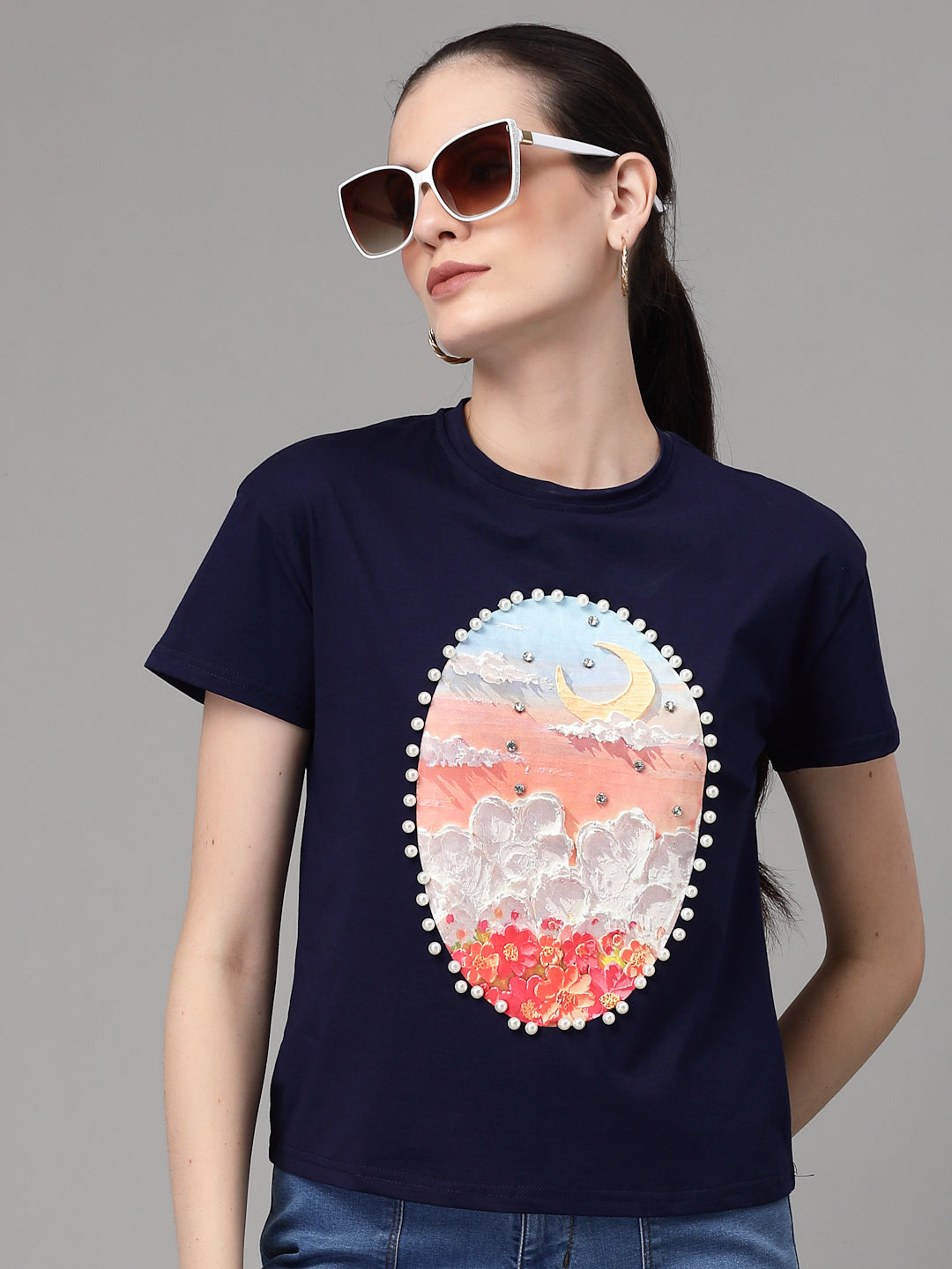 Blue Graphic Print Cotton Blend T-Shirt - Global Republic