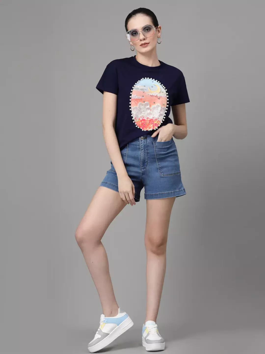 Blue Solid Cotton Regular Fit Shorts - Global Republic