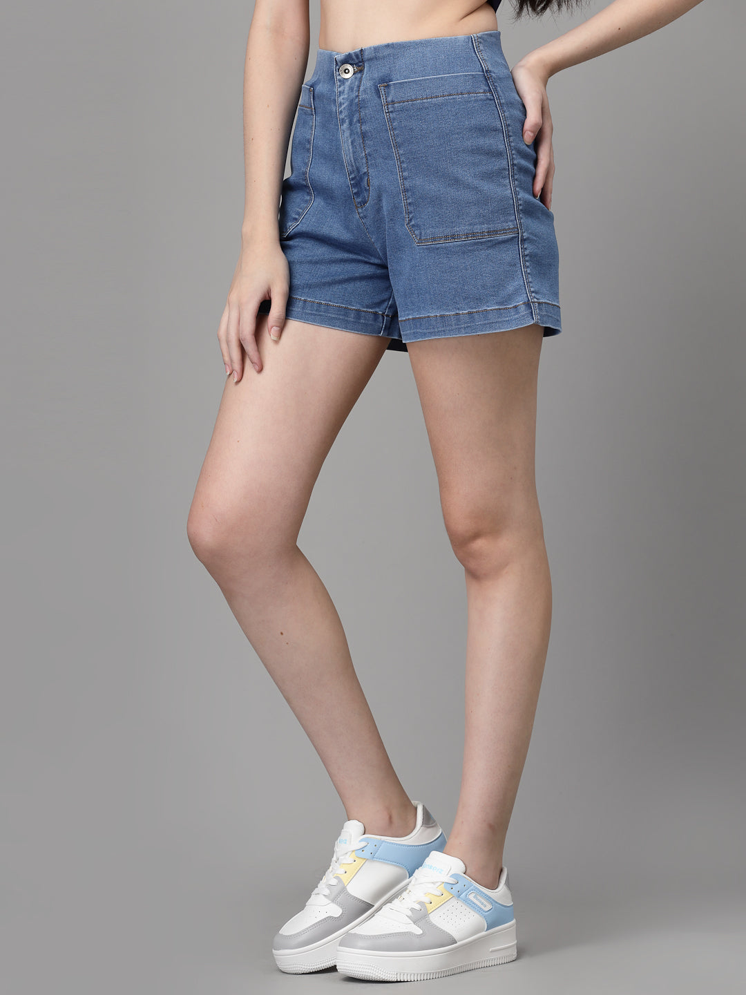 Blue Solid Cotton Regular Fit Shorts - Global Republic