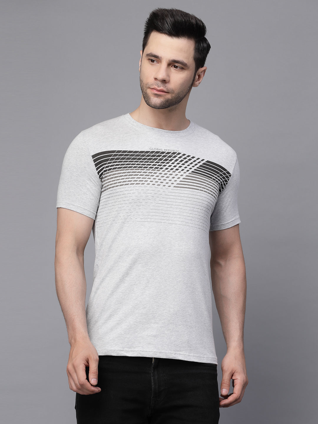 Grey Round Neck Printed T-Shirt - Global Republic