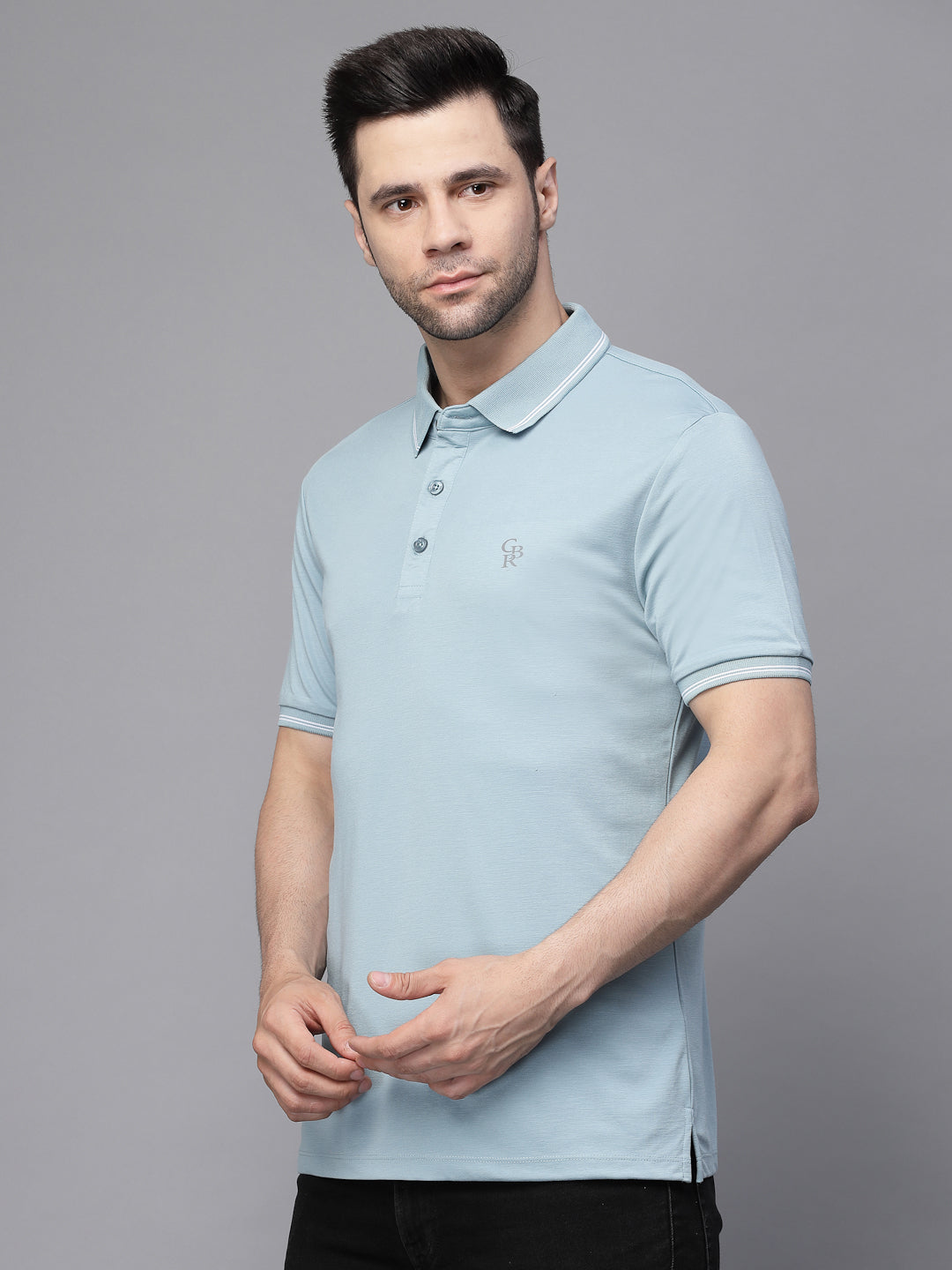 Mens Deep Blue Collar Neck Solid T-Shirt