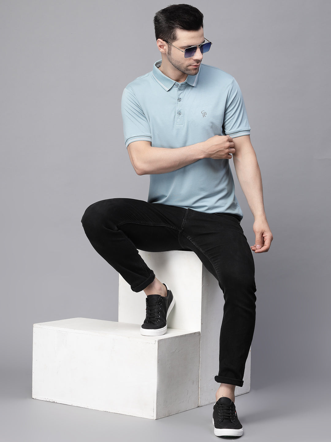 Mens Deep Blue Collar Neck Solid T-Shirt
