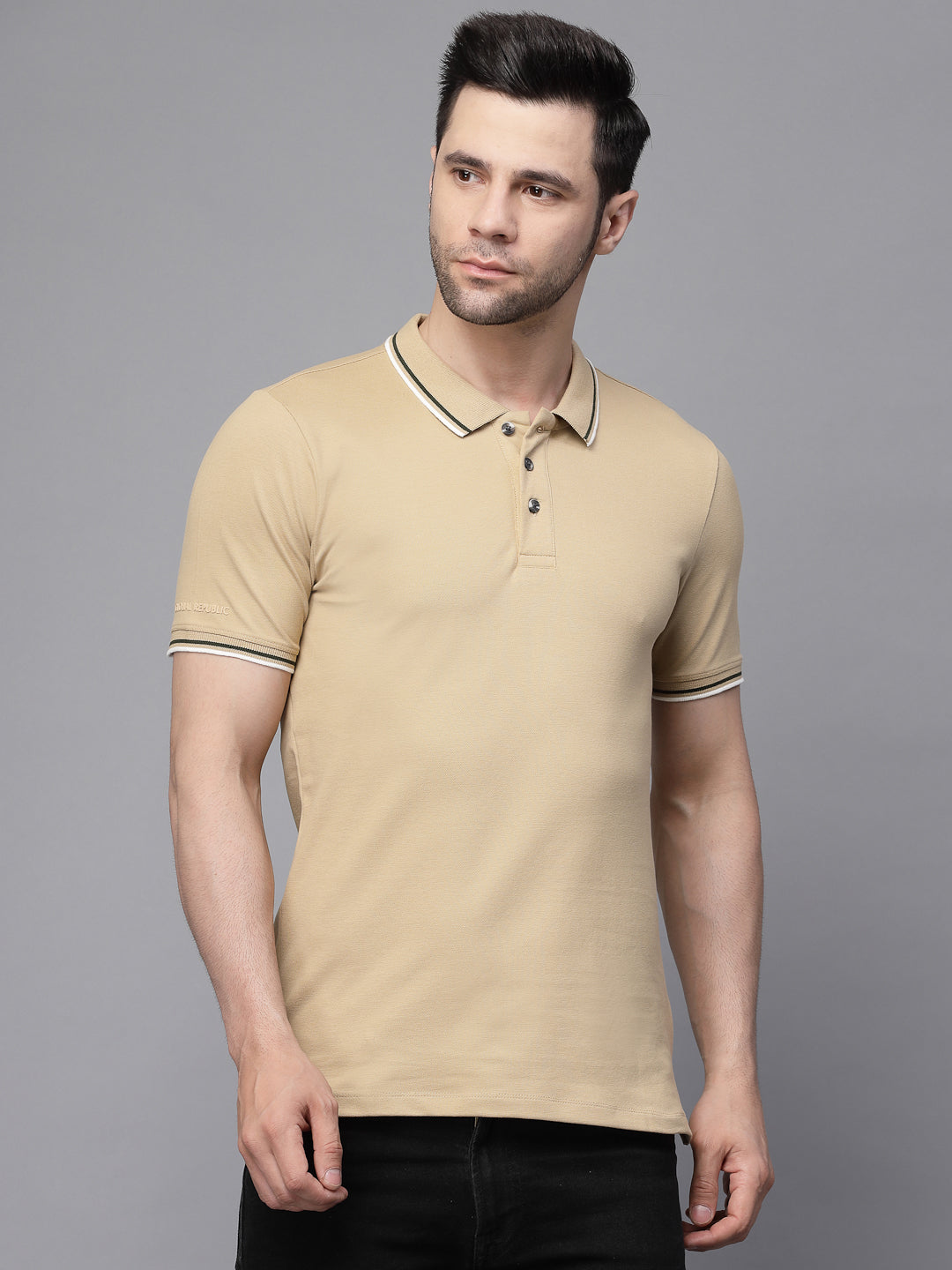 Mens Khaki Collar Neck Solid T-Shirt
