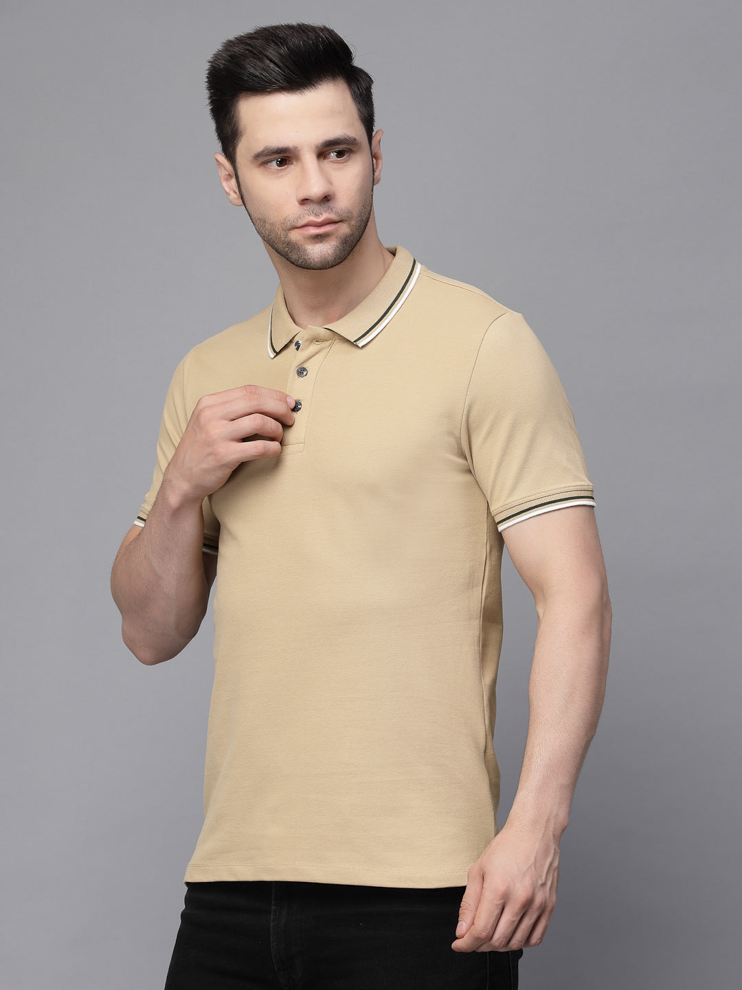Mens Khaki Collar Neck Solid T-Shirt