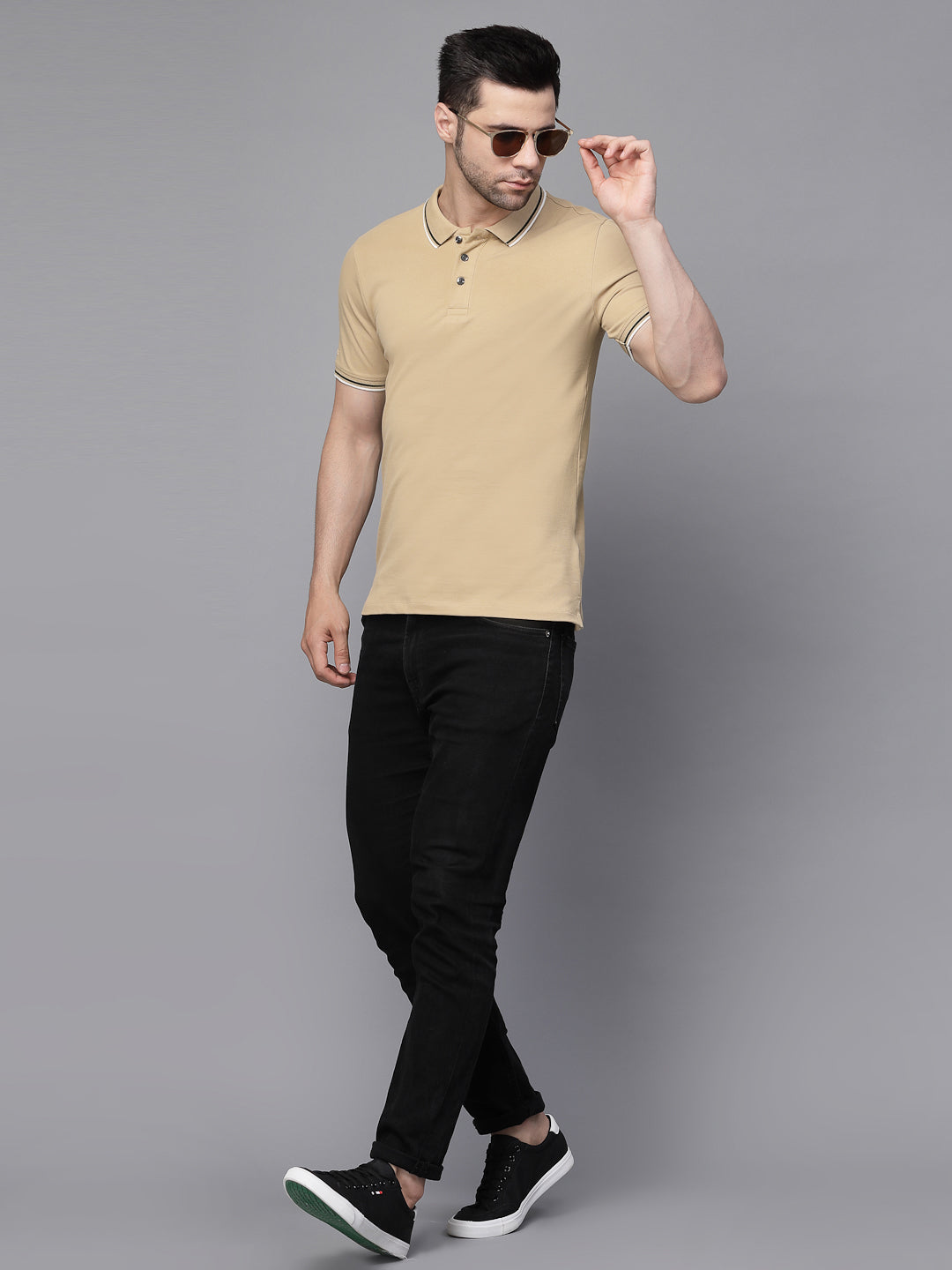 Mens Khaki Collar Neck Solid T-Shirt