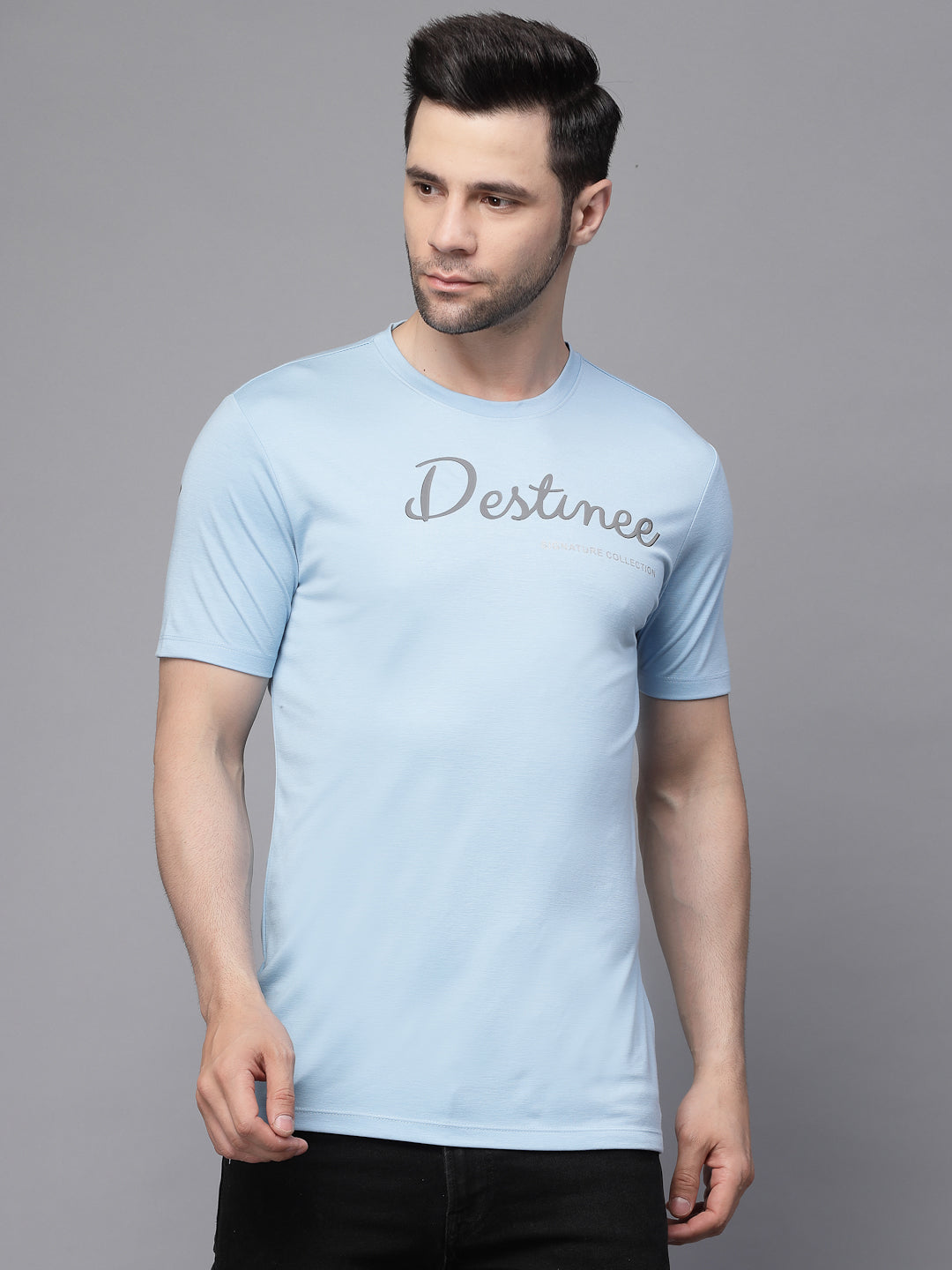 Mens Sky Blue Round Neck Printed T-Shirt