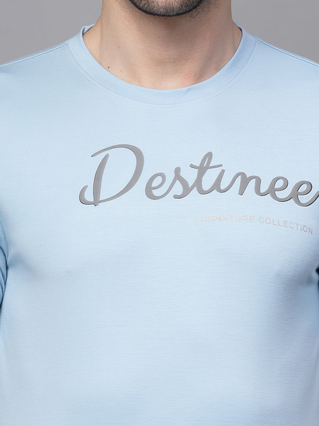 Mens Sky Blue Round Neck Printed T-Shirt