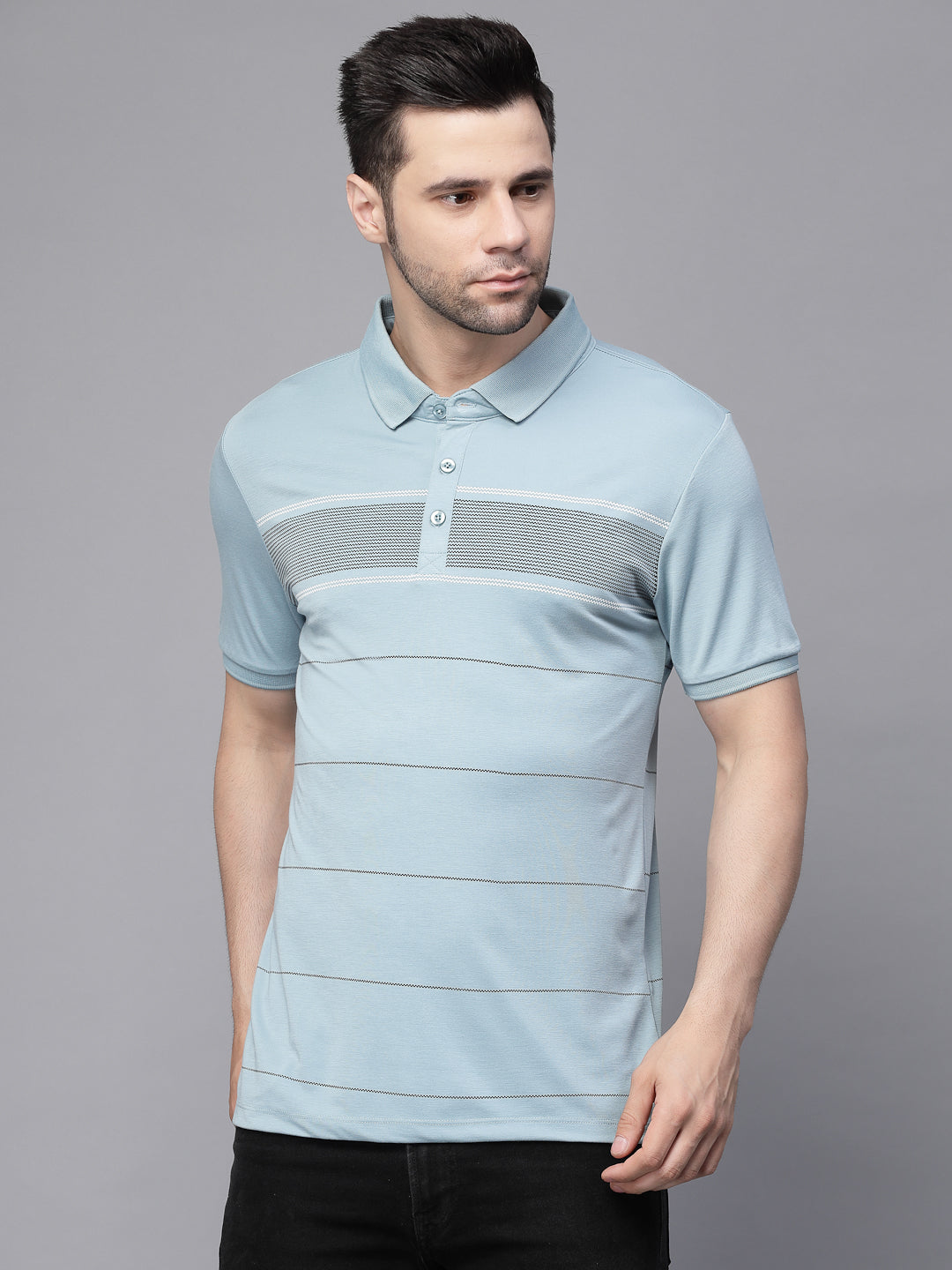 Deep Blue Collar Neck Printed T-Shirt - Global Republic
