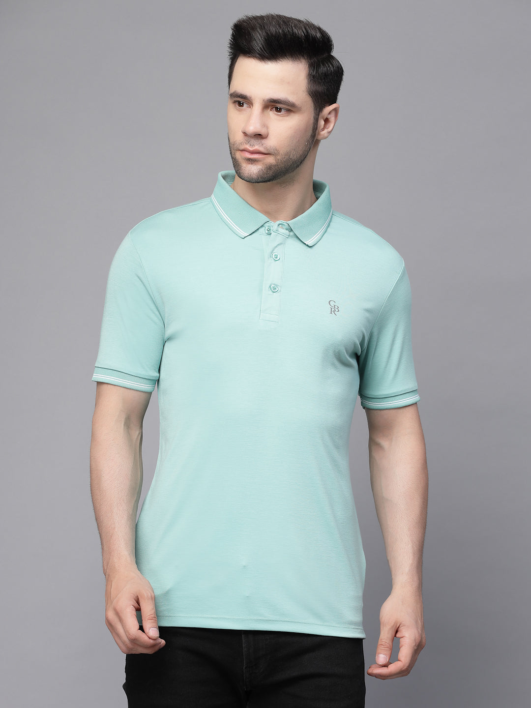 Mens Sage Green Collar Neck Solid T-Shirt