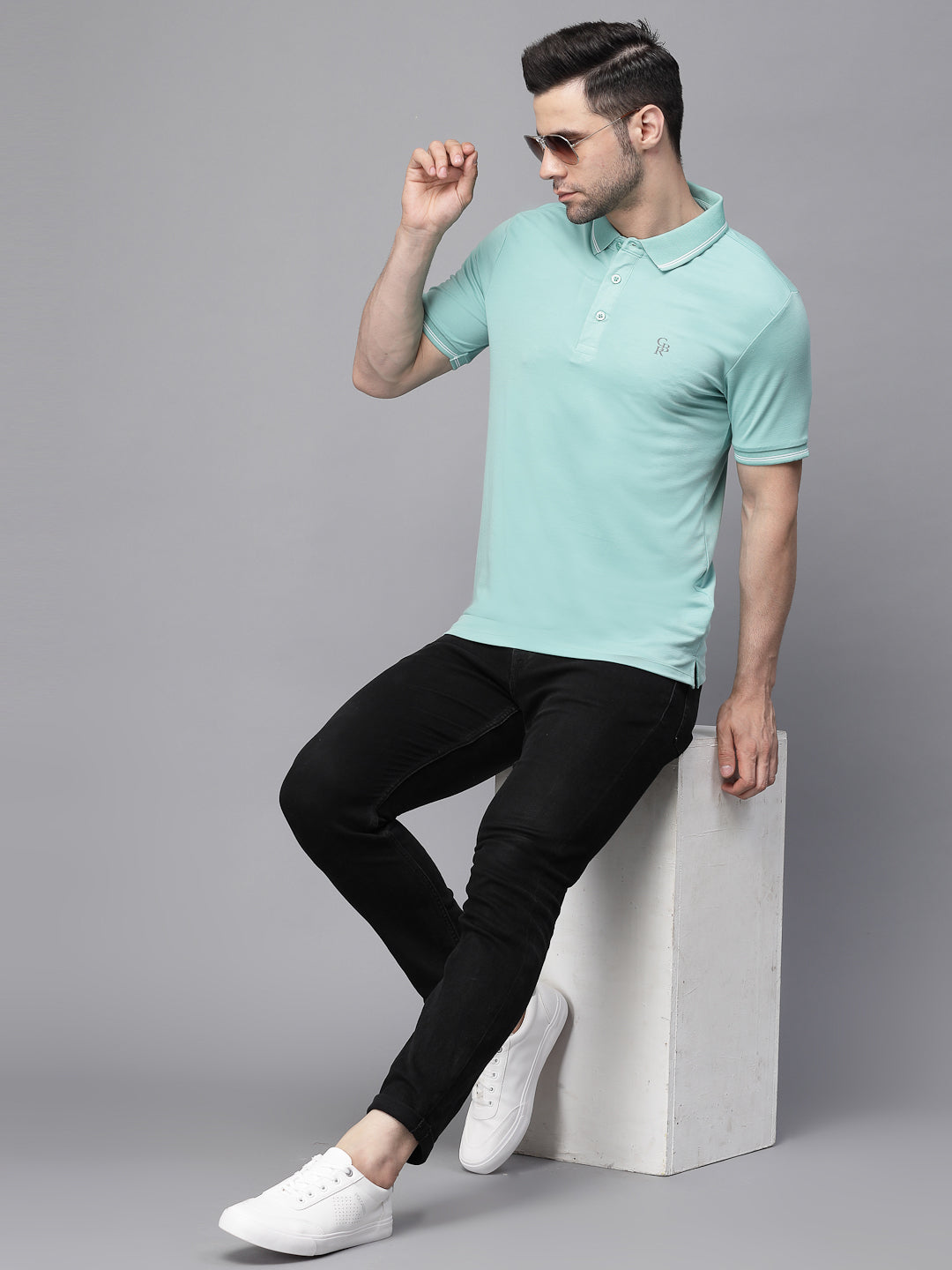 Mens Sage Green Collar Neck Solid T-Shirt