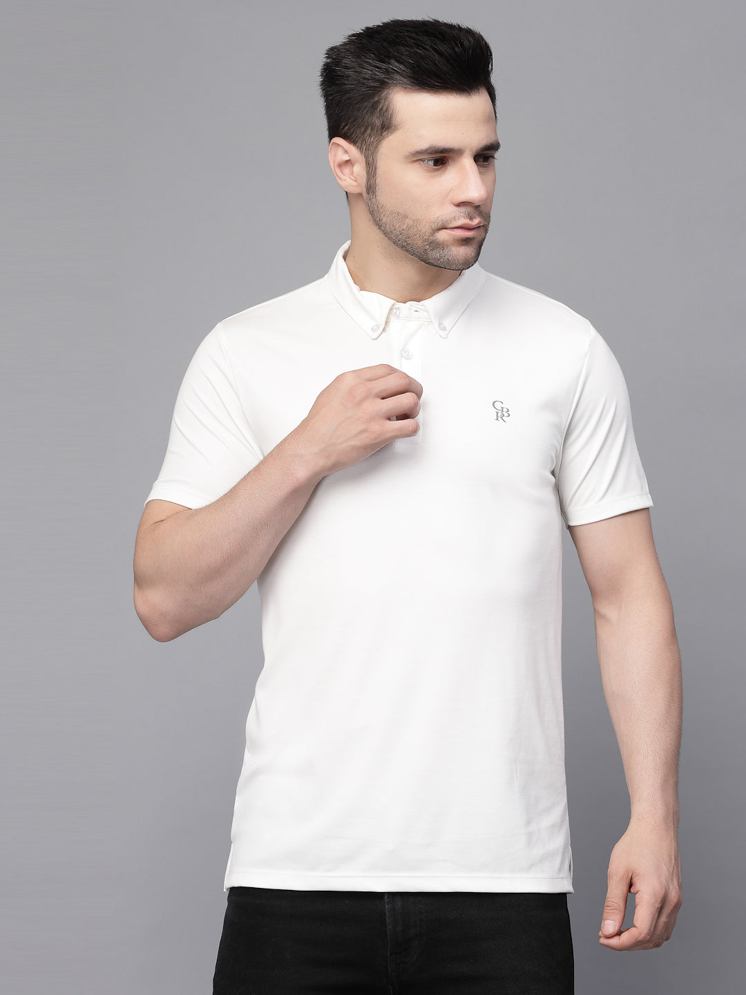 Mens White Collar Neck Solid T-Shirt