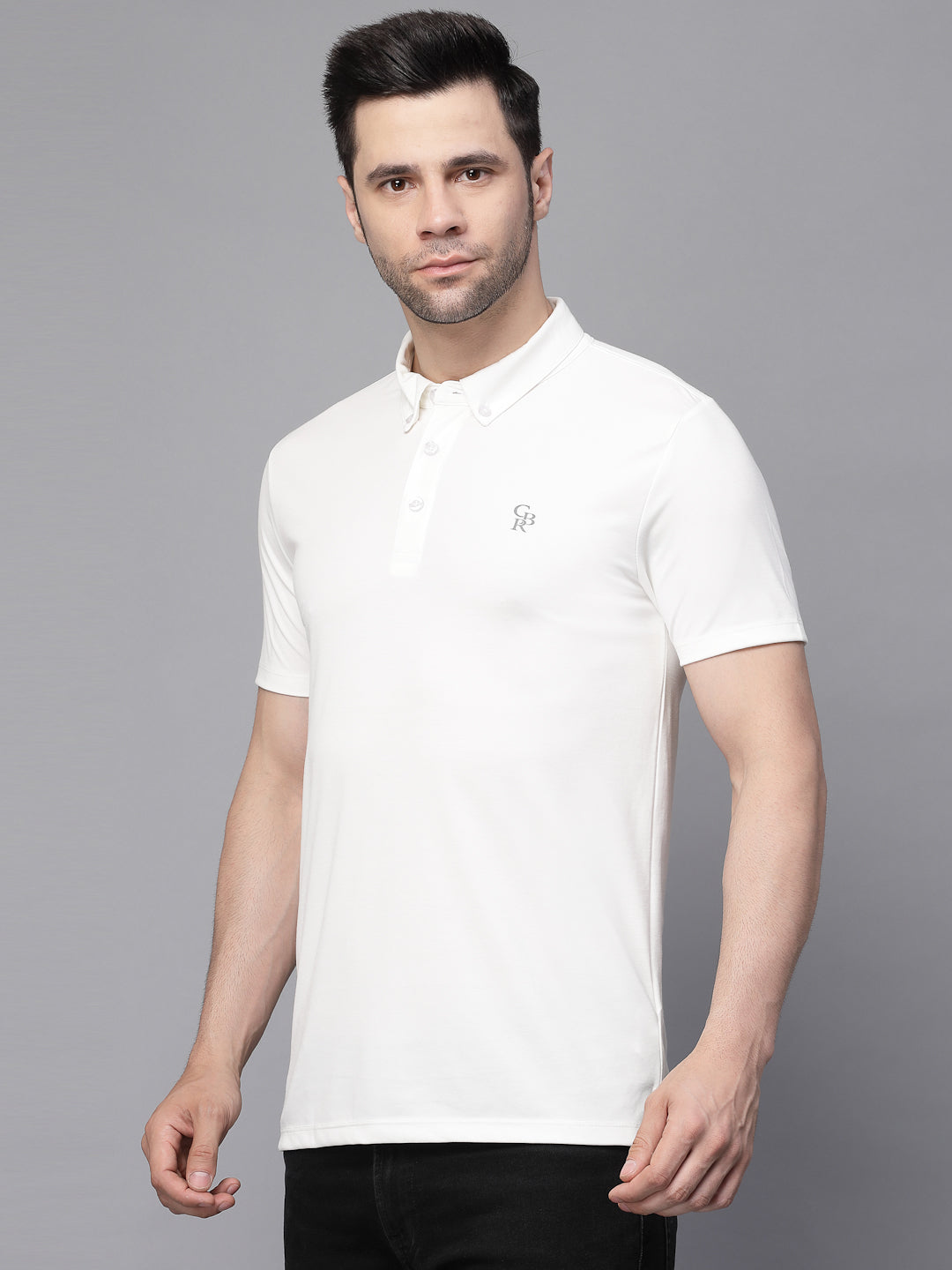 Mens White Collar Neck Solid T-Shirt
