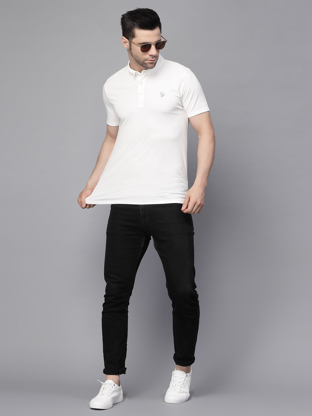 Mens White Collar Neck Solid T-Shirt