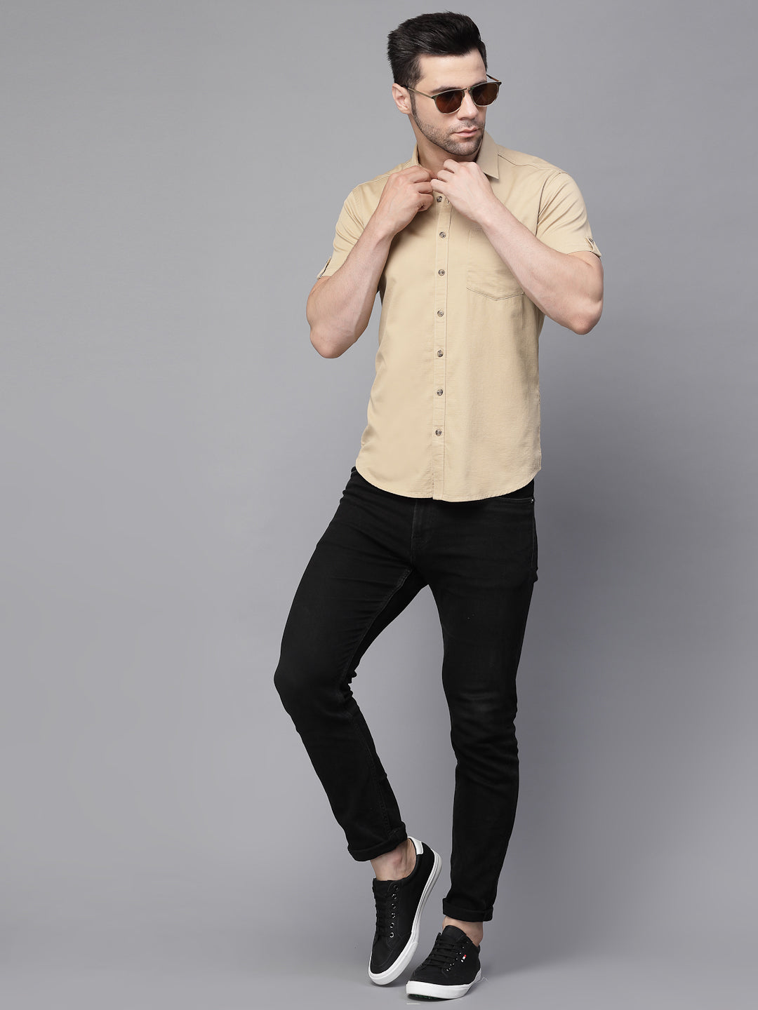 Mens Khaki Collar Neck Solid Shirt