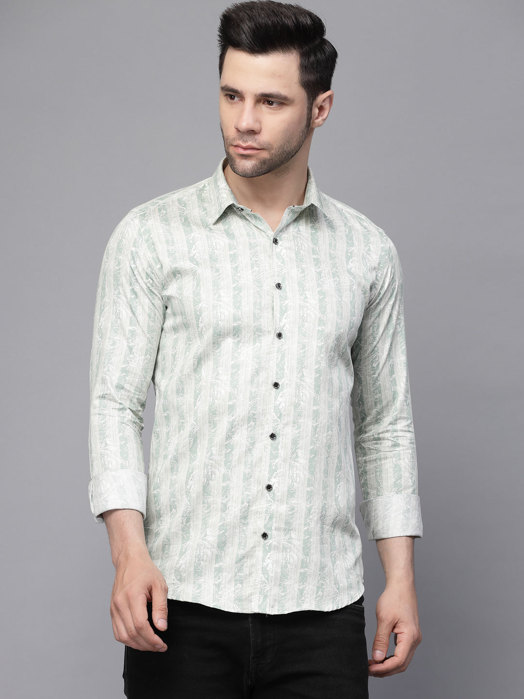Mens Green Collar Neck Printed Shirt
