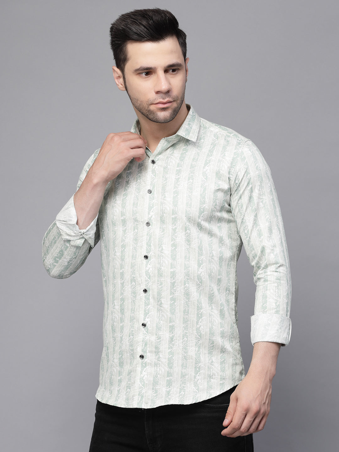 Mens Green Striped Full Sleeve Casual Shirt