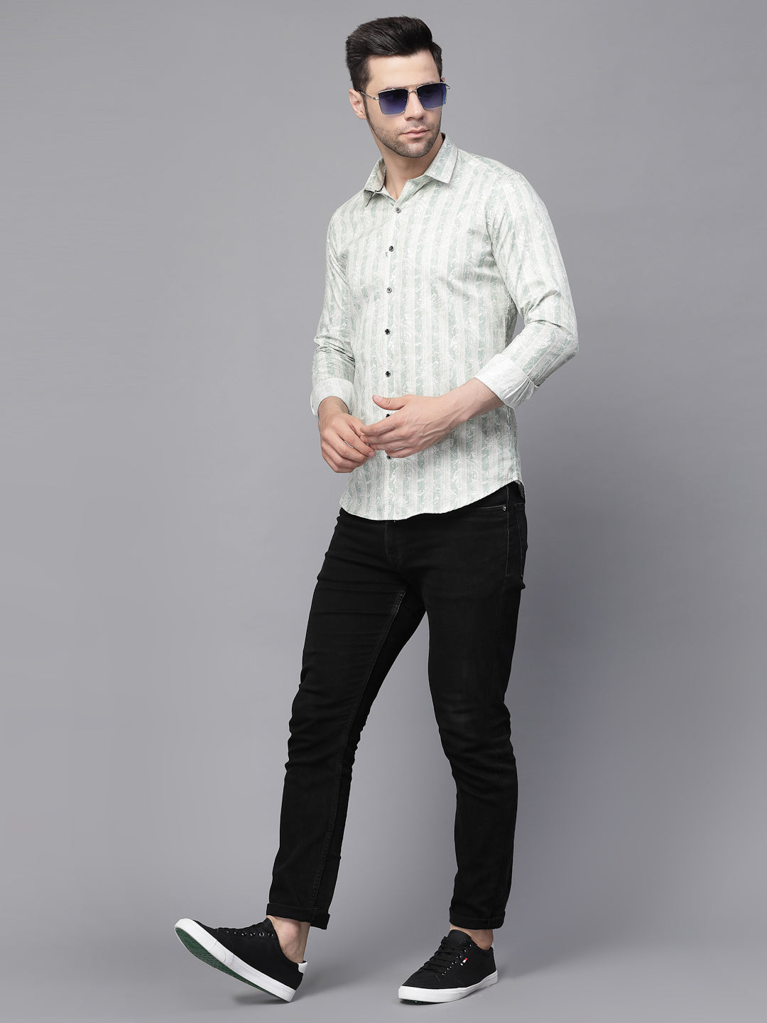 Mens Green Striped Full Sleeve Casual Shirt