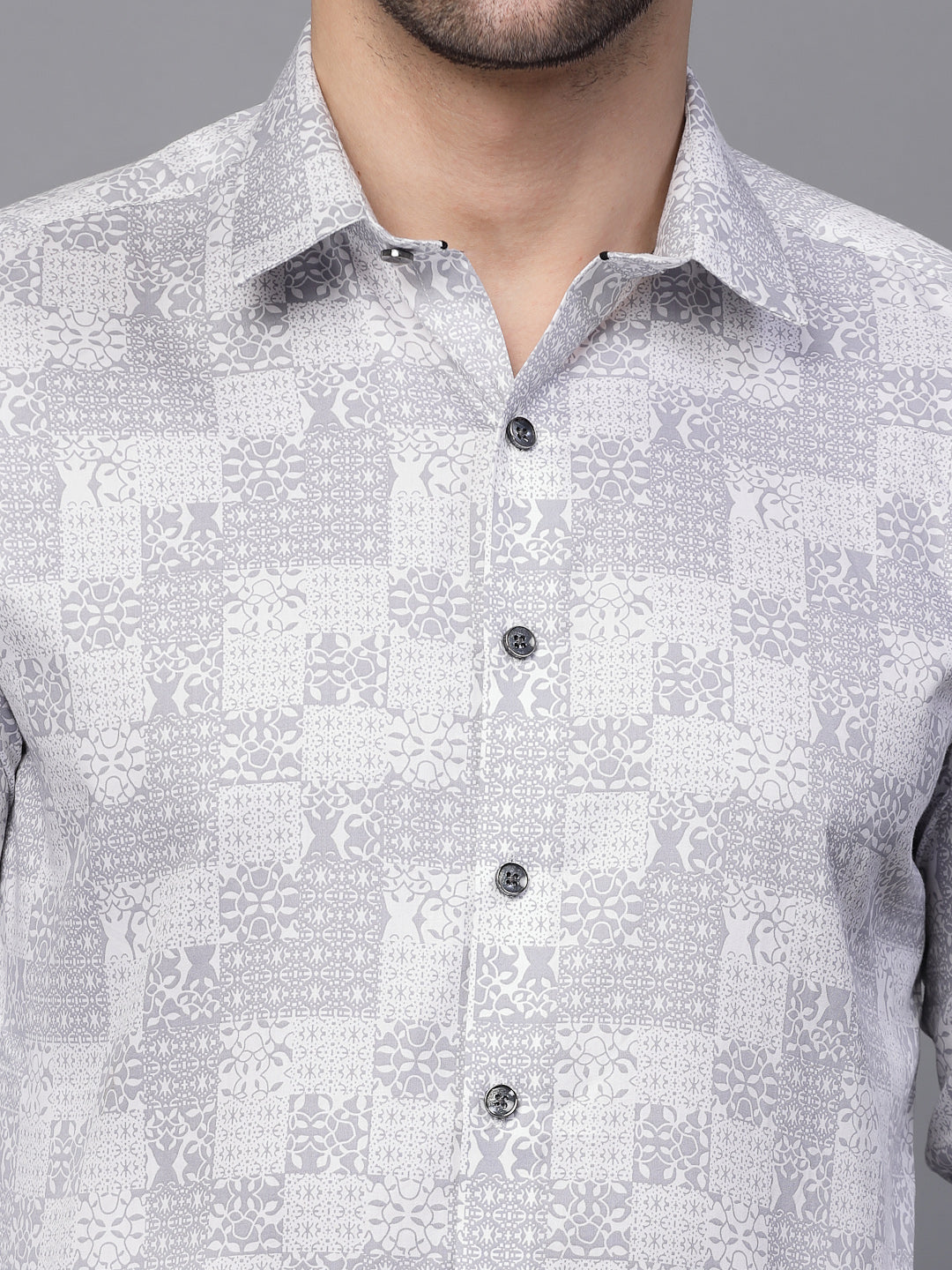 Mens Grey Printed Collar Neck Casual Shirt - Global Republic