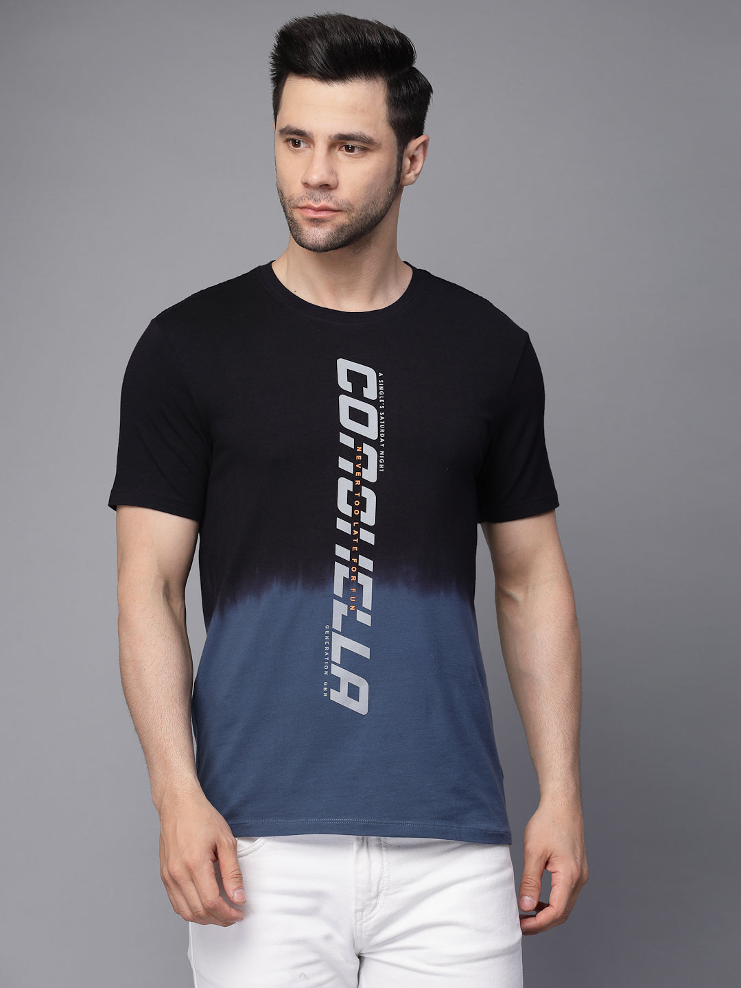 Mens Navy Blue Round Neck Printed T-Shirt
