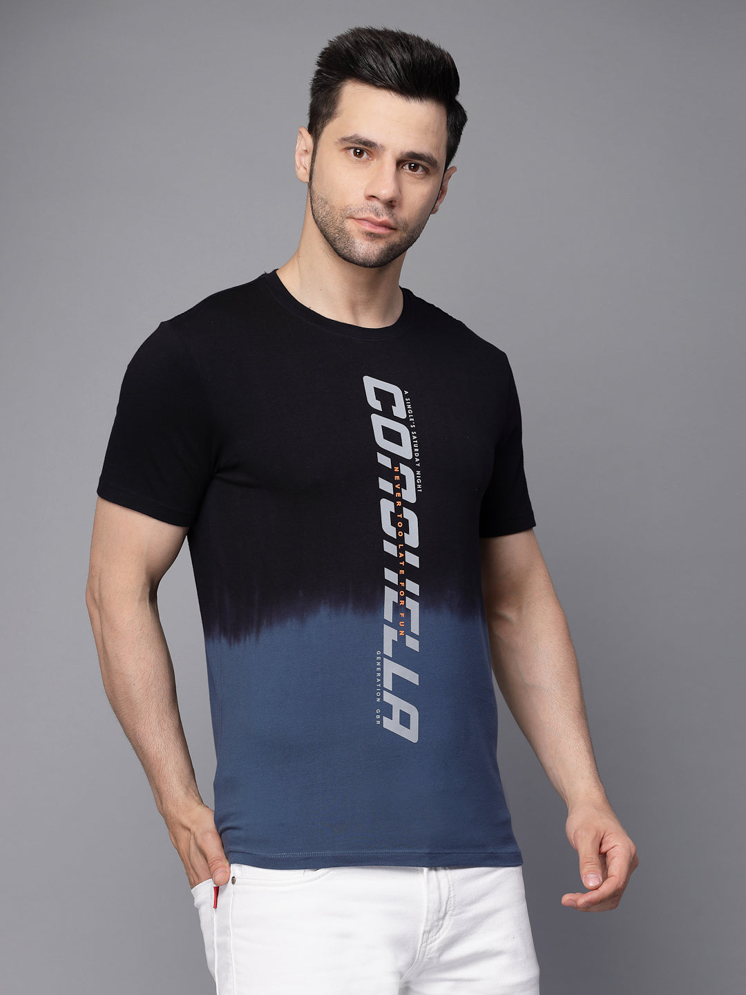 Mens Navy Blue Round Neck Printed T-Shirt
