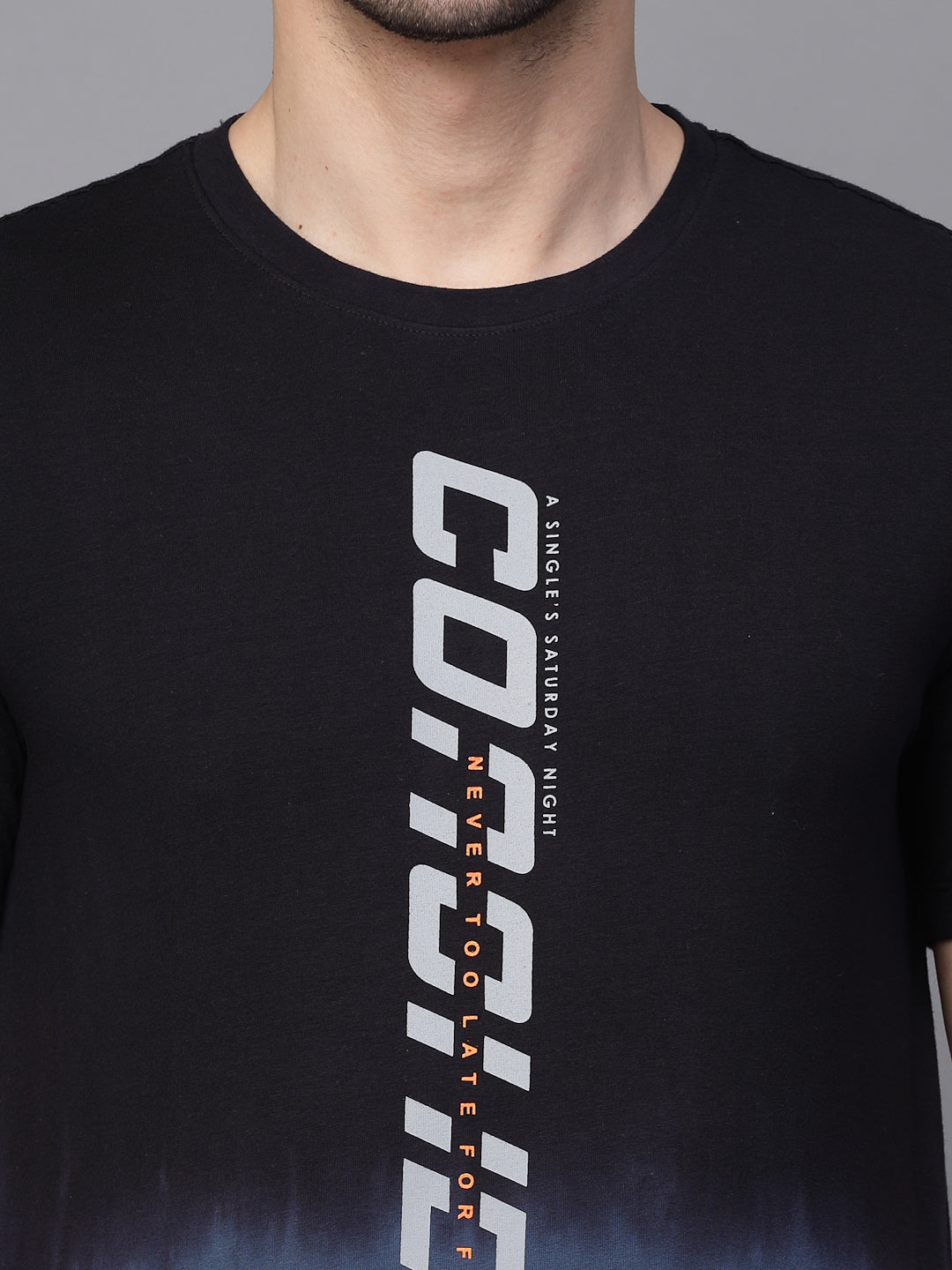 Mens Navy Blue Round Neck Printed T-Shirt