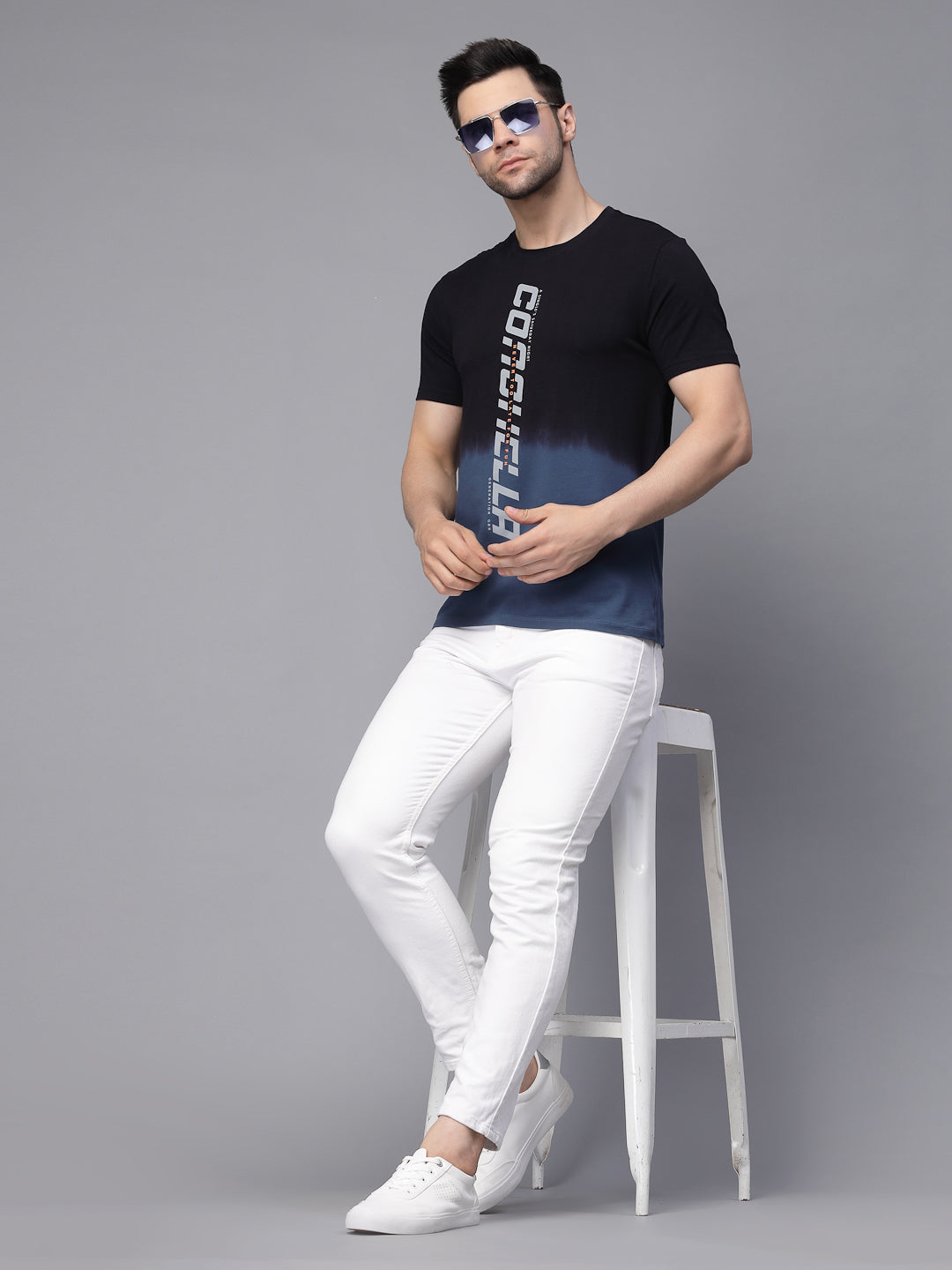 Mens Navy Blue Round Neck Printed T-Shirt