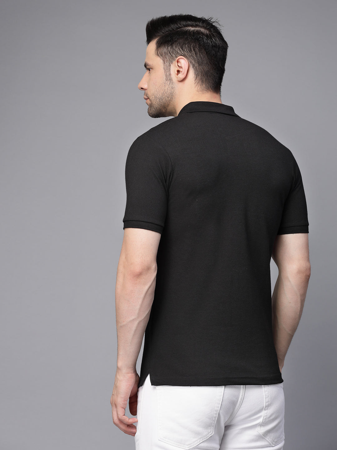 Black Collar Neck Solid T-Shirt - Global Republic