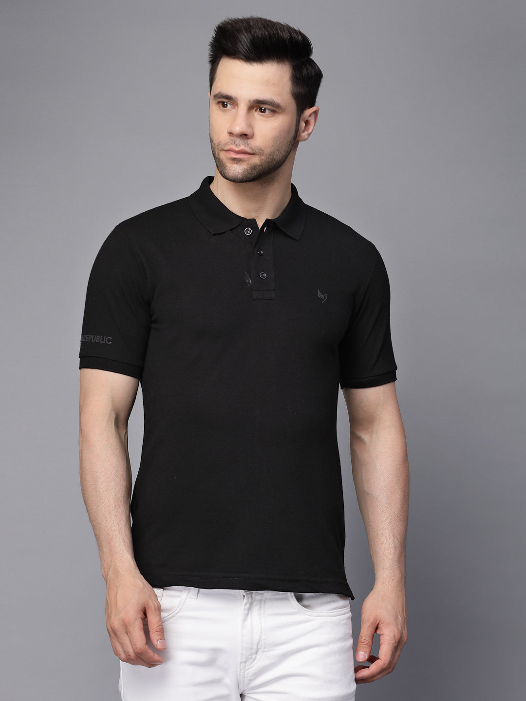Black Collar Neck Solid T-Shirt - Global Republic